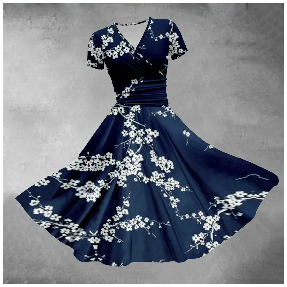 Blauwe Zomerjurk Bloemenprint Elegante Vrouwenjurk