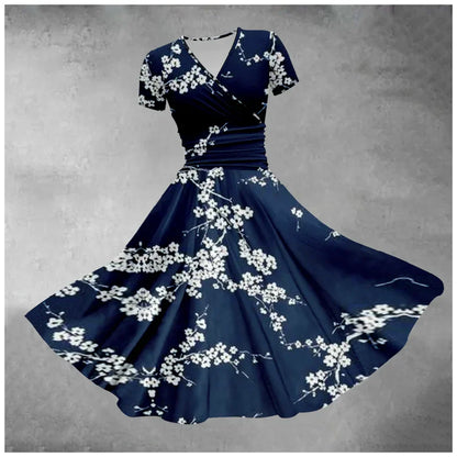 Blauwe Zomerjurk Bloemenprint Elegante Vrouwenjurk