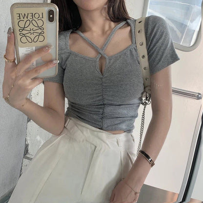 Vrouwelijke Zomer Blouse met V-hals en Korte Mouwen