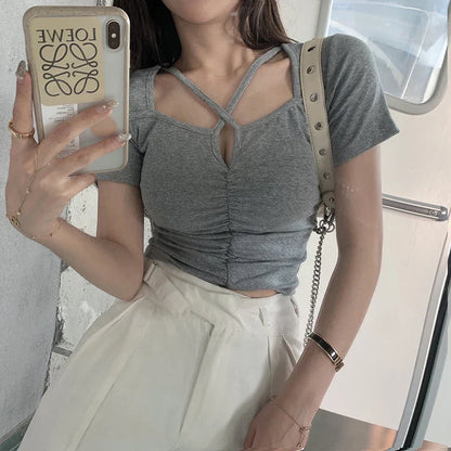 Vrouwelijke Zomer Blouse met V-hals en Korte Mouwen