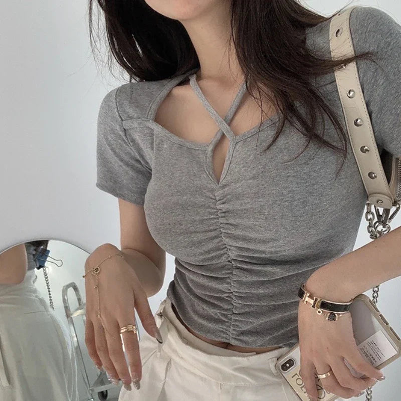 Vrouwelijke Zomer Blouse met V-hals en Korte Mouwen
