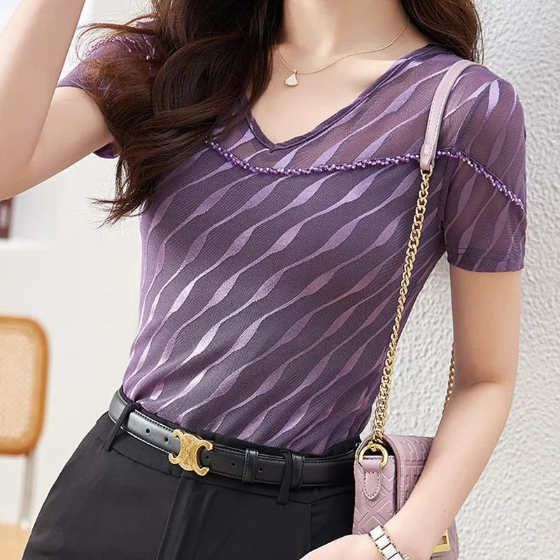 Vrouwen T-shirt Los Netstof Zomer Patchwork V-hals