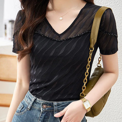 Vrouwen T-shirt Los Netstof Zomer Patchwork V-hals