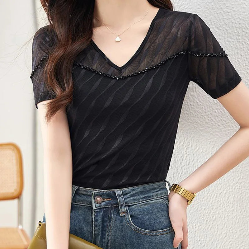 Vrouwen T-shirt Los Netstof Zomer Patchwork V-hals