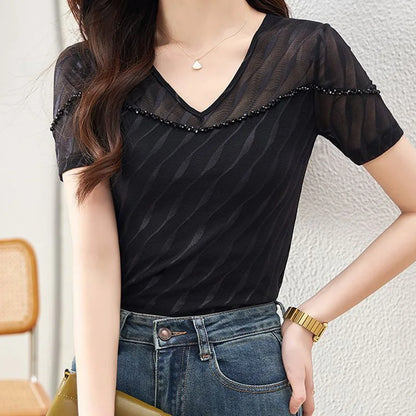 Vrouwen T-shirt Los Netstof Zomer Patchwork V-hals