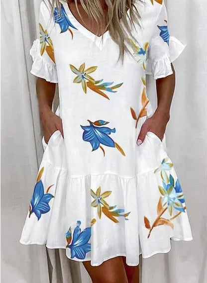 V-Hals Jurk Zomerse Bloemenprint voor Vrouw