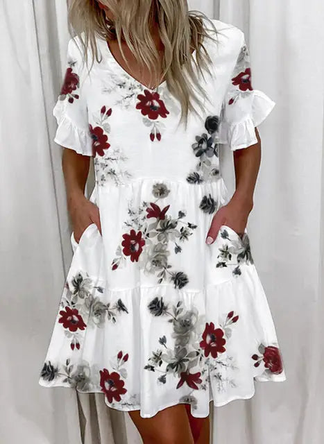 V-Hals Jurk Zomerse Bloemenprint voor Vrouw