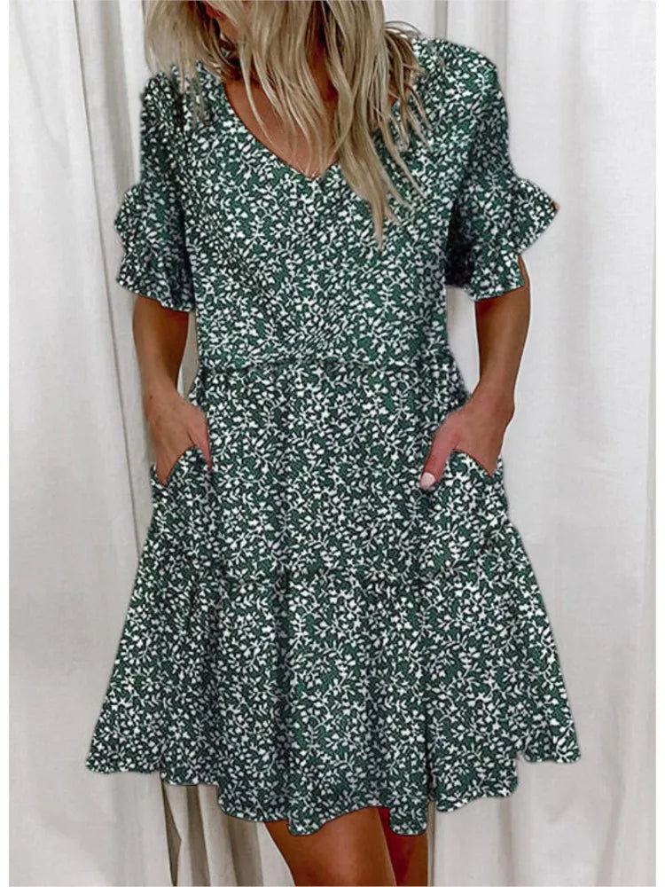V-Hals Jurk Zomerse Bloemenprint voor Vrouw