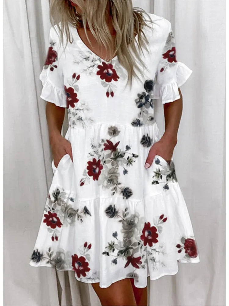 V-Hals Jurk Zomerse Bloemenprint voor Vrouw