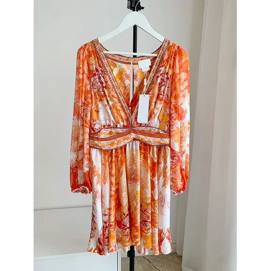 Zomerjurk Oranje Print Diepe V Hals Vakantiekleding voor Dames - StudioMarella