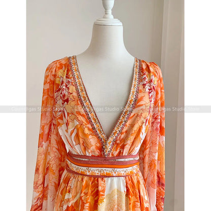 Zomerjurk Oranje Print Diepe V Hals Vakantiekleding voor Dames