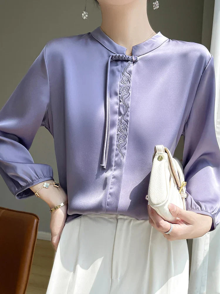 Zijden Blouse Met Glanzende Topaz Kleur Elegante Zomerstijl