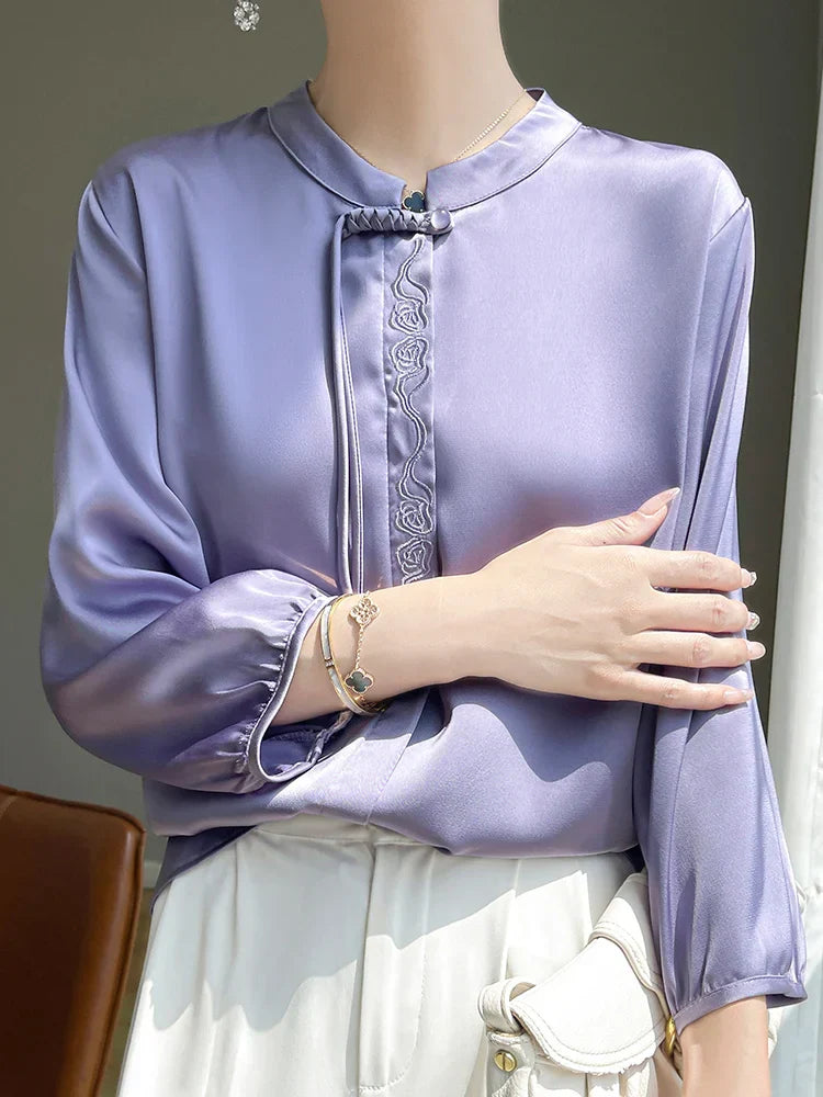 Zijden Blouse Met Glanzende Topaz Kleur Elegante Zomerstijl