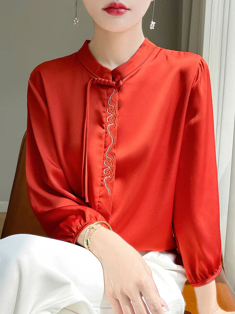 Zijden Blouse Met Glanzende Topaz Kleur Elegante Zomerstijl
