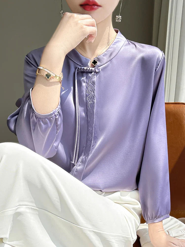 Zijden Blouse Met Glanzende Topaz Kleur Elegante Zomerstijl