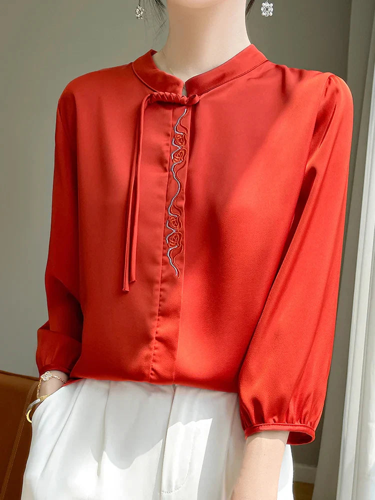 Zijden Blouse Met Glanzende Topaz Kleur Elegante Zomerstijl