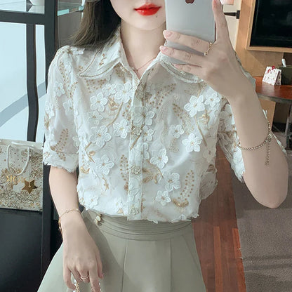 Retro Vrouwen Shirt met Franse Stijl en Splicing Detail