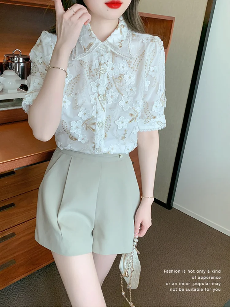 Retro Vrouwen Shirt met Franse Stijl en Splicing Detail