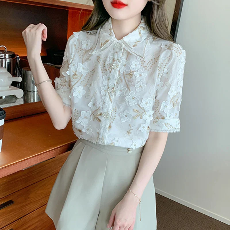 Retro Vrouwen Shirt met Franse Stijl en Splicing Detail