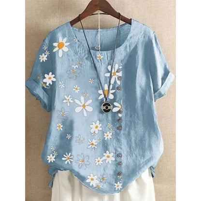 Linnen Blouse voor Vrouwen Grote Maten Zomerse Print