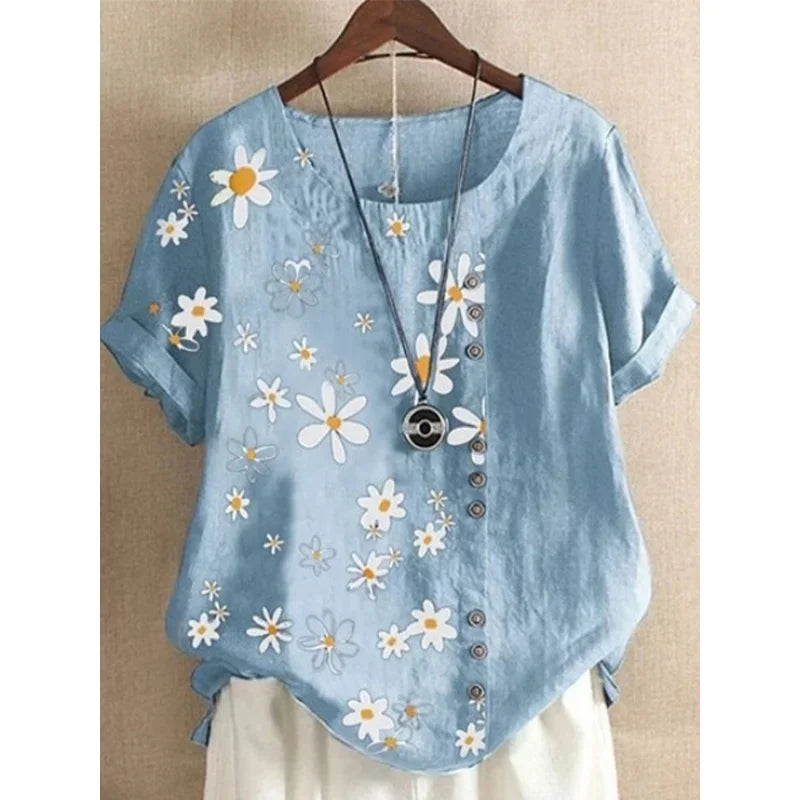 Linnen Blouse voor Vrouwen Grote Maten Zomerse Print