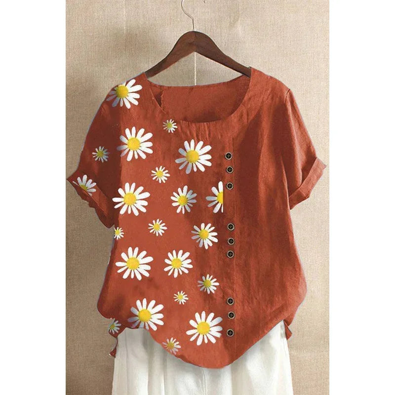 Linnen Blouse voor Vrouwen Grote Maten Zomerse Print