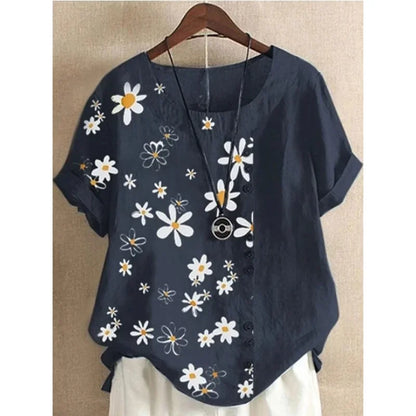 Linnen Blouse voor Vrouwen Grote Maten Zomerse Print