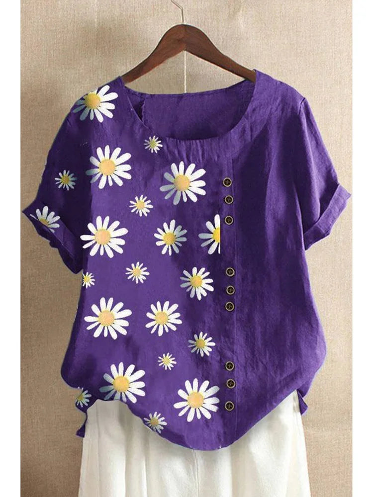 Linnen Blouse voor Vrouwen Grote Maten Zomerse Print