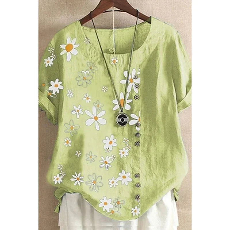 Linnen Blouse voor Vrouwen Grote Maten Zomerse Print
