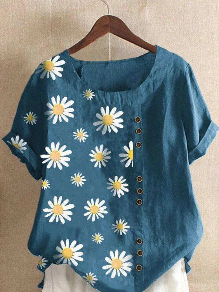 Linnen Blouse voor Vrouwen Grote Maten Zomerse Print