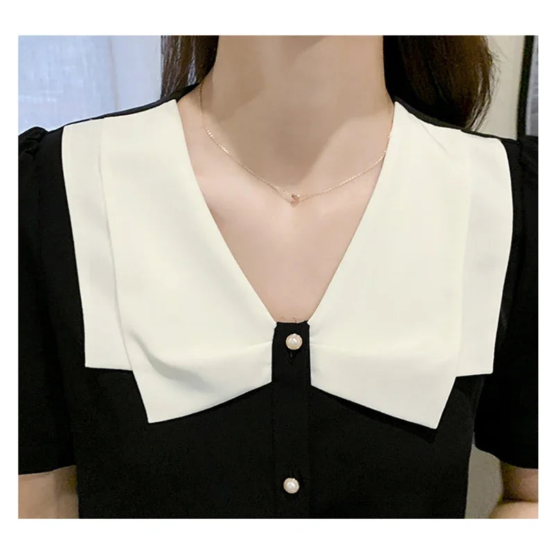 Zwarte Chiffon Blouse Zomerse Vrouwen Jurk Blouse