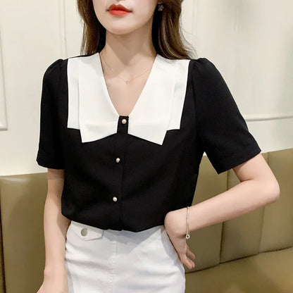 Zwarte Chiffon Blouse Zomerse Vrouwen Jurk Blouse