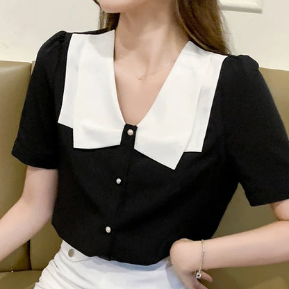 Zwarte Chiffon Blouse Zomerse Vrouwen Jurk Blouse