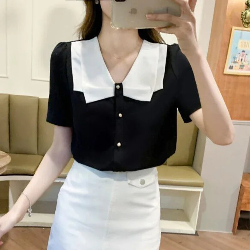 Zwarte Chiffon Blouse Zomerse Vrouwen Jurk Blouse