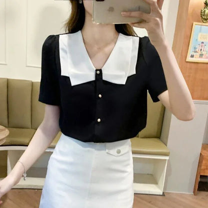 Zwarte Chiffon Blouse Zomerse Vrouwen Jurk Blouse