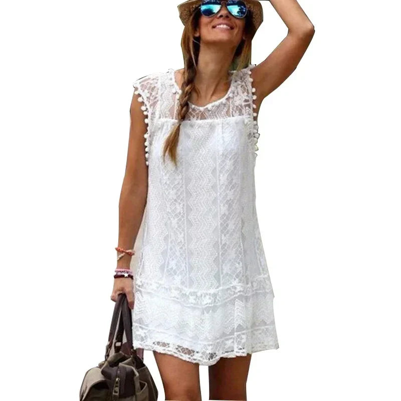 Zomerse Witte Vrouwenjurk Jurk met Korte Mouwen