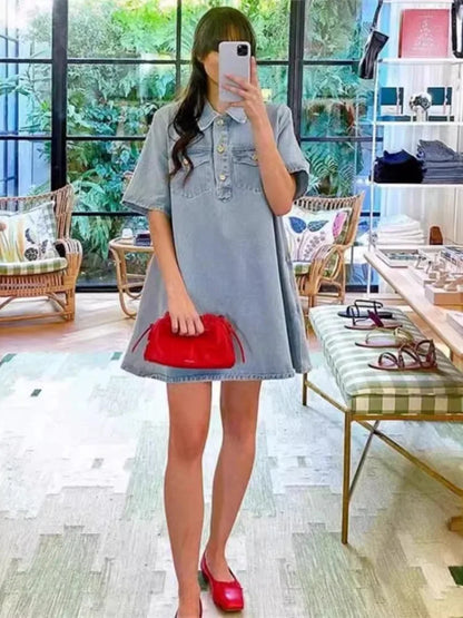 Blauwe Zomerjurk Spijkerrok Vrouwelijk Jurk Model