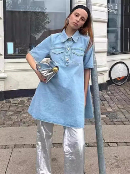 Blauwe Zomerjurk Spijkerrok Vrouwelijk Jurk Model