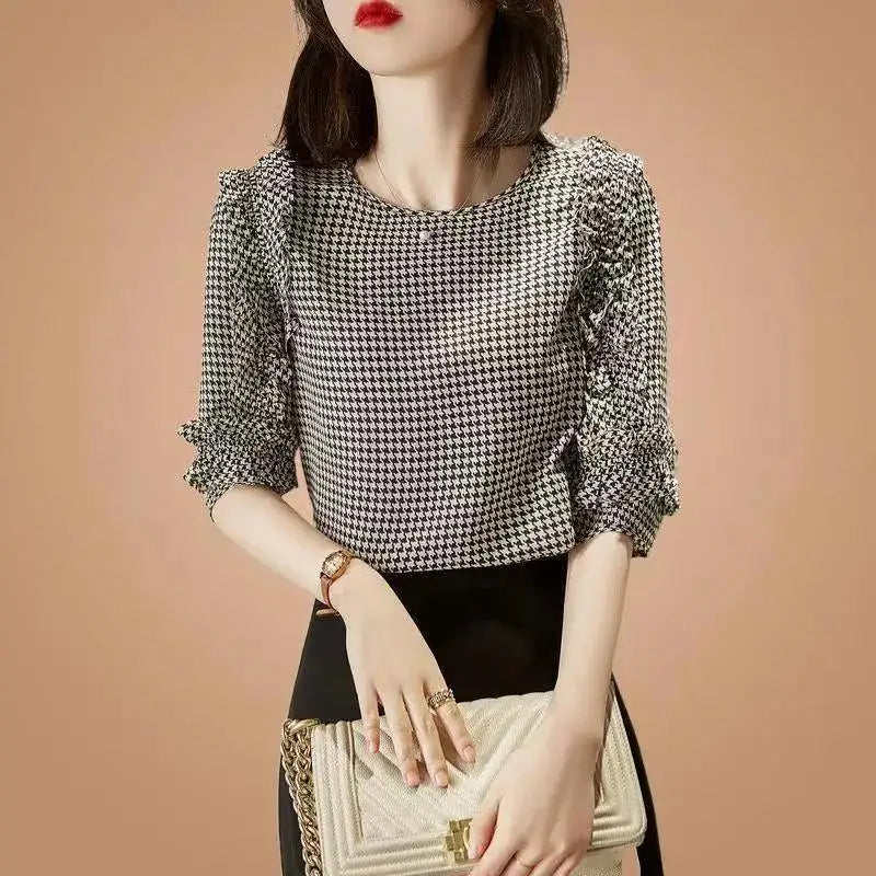 Zomer Blouse met Ruches en Houndstooth Print