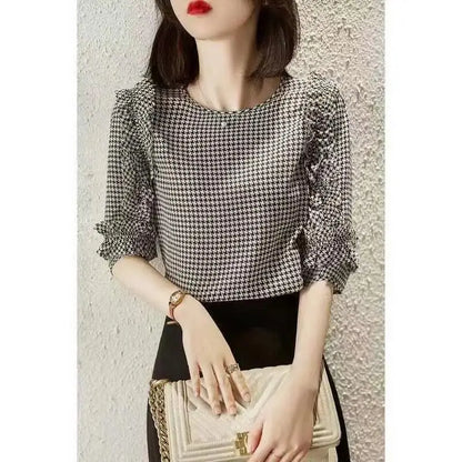 Zomer Blouse met Ruches en Houndstooth Print