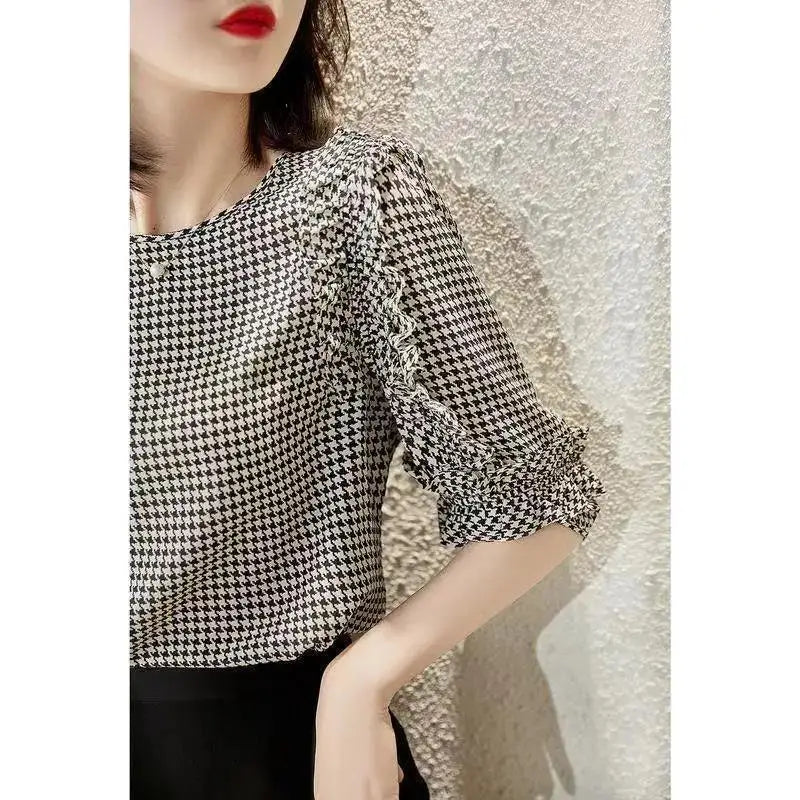 Zomer Blouse met Ruches en Houndstooth Print
