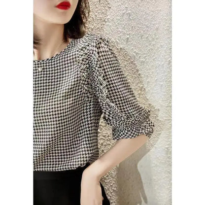 Zomer Blouse met Ruches en Houndstooth Print