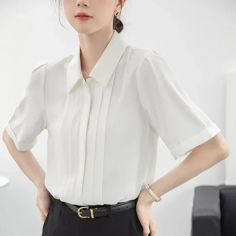 Vrouwelijk Zomer Overhemd Chiffon Linnen Lichtblauw