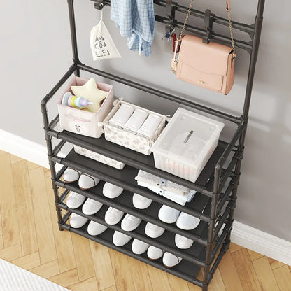 Schoenenrek Met Kapstok Zwart 5 Lagen Staal Hal Organizer