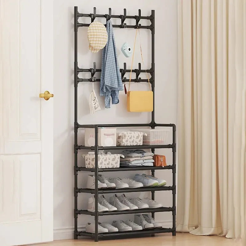 Schoenenrek Met Kapstok Zwart 5 Lagen Staal Hal Organizer