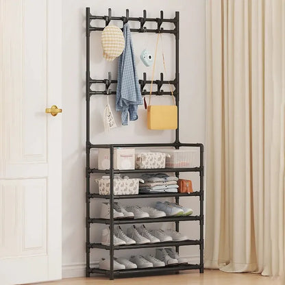 Schoenenrek Met Kapstok Zwart 5 Lagen Staal Hal Organizer