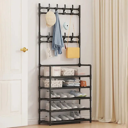 Schoenenrek Met Kapstok Zwart 5 Lagen Staal Hal Organizer