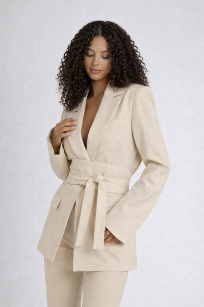 Vrouwelijke Wikkel Blazer met Tailleaccent Modern Design