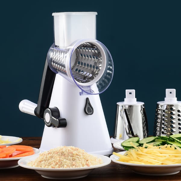 Roterende Keukenrasp met 3 Messen – Handmatige Multifunctionele Groentesnijder en Kaasrasp voor Salade, Gebak en Pasta