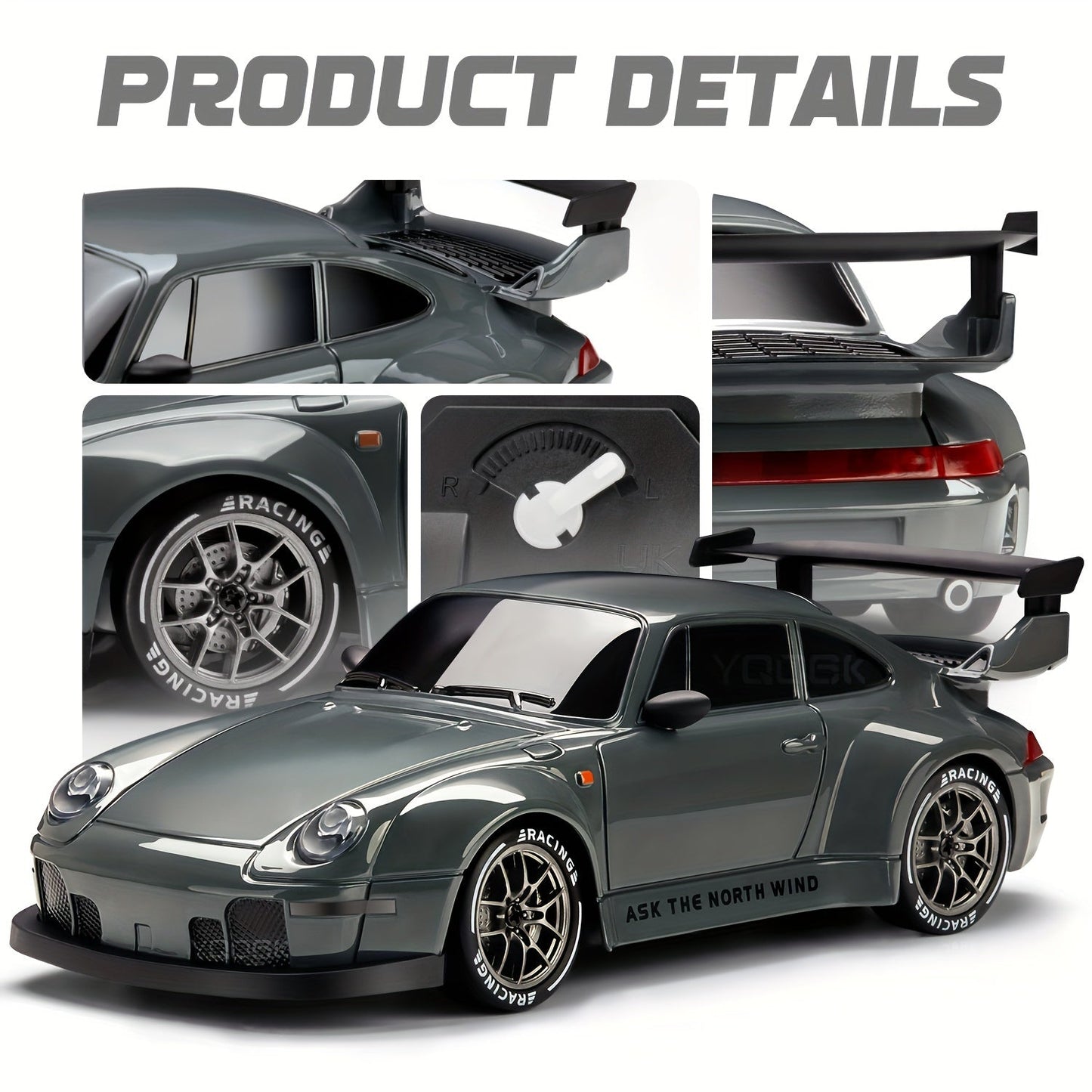RC drift auto 1:24 4WD grijs met verlichte wielen afstandsbediening extra banden driftauto speelgoed auto usb oplaadbaar